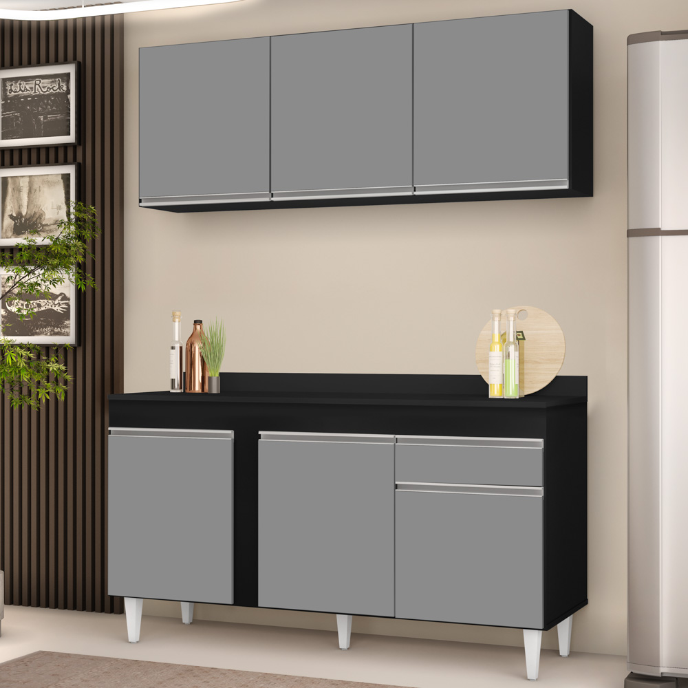 Armário Aéreo Argélia e Balcão Gabinete Para Pia com Tampo 150cm Dakota Preto/Cinza - Lumil