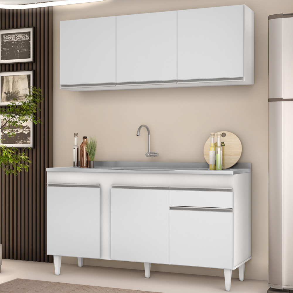 Armário Aéreo Argélia e Balcão Gabinete com Pia Inox 150cm Dakota Branco - Lumil