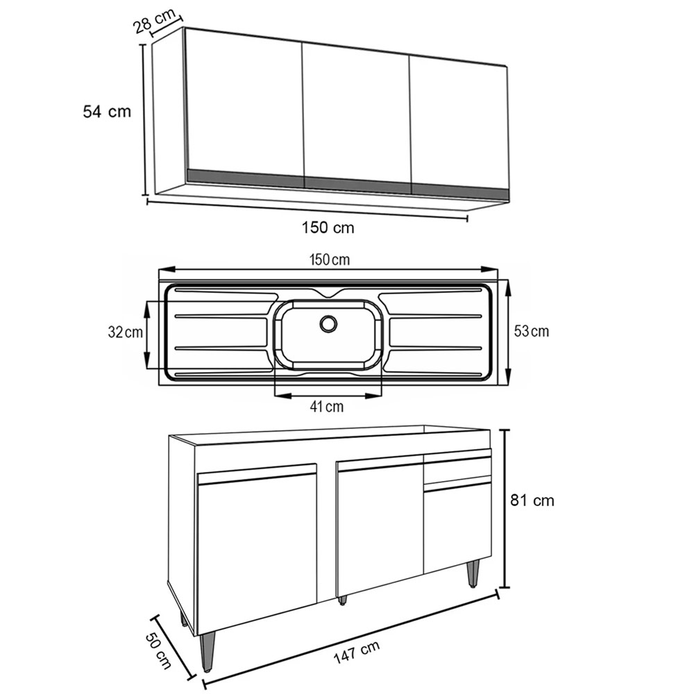 Armário Aéreo Argélia e Balcão Gabinete com Pia Inox 150cm Dakota Branco - Lumil