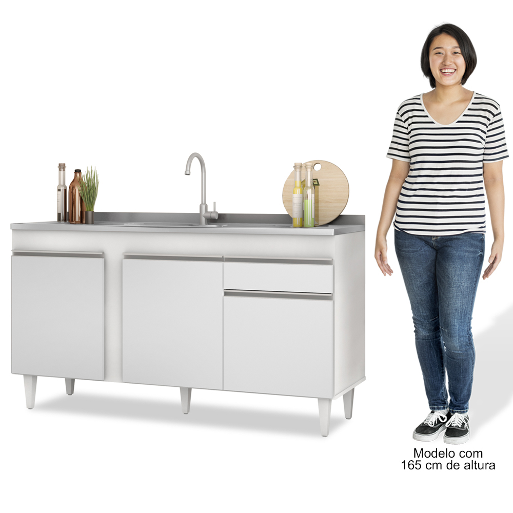 Armário Aéreo Argélia e Balcão Gabinete com Pia Inox 150cm Dakota Branco - Lumil