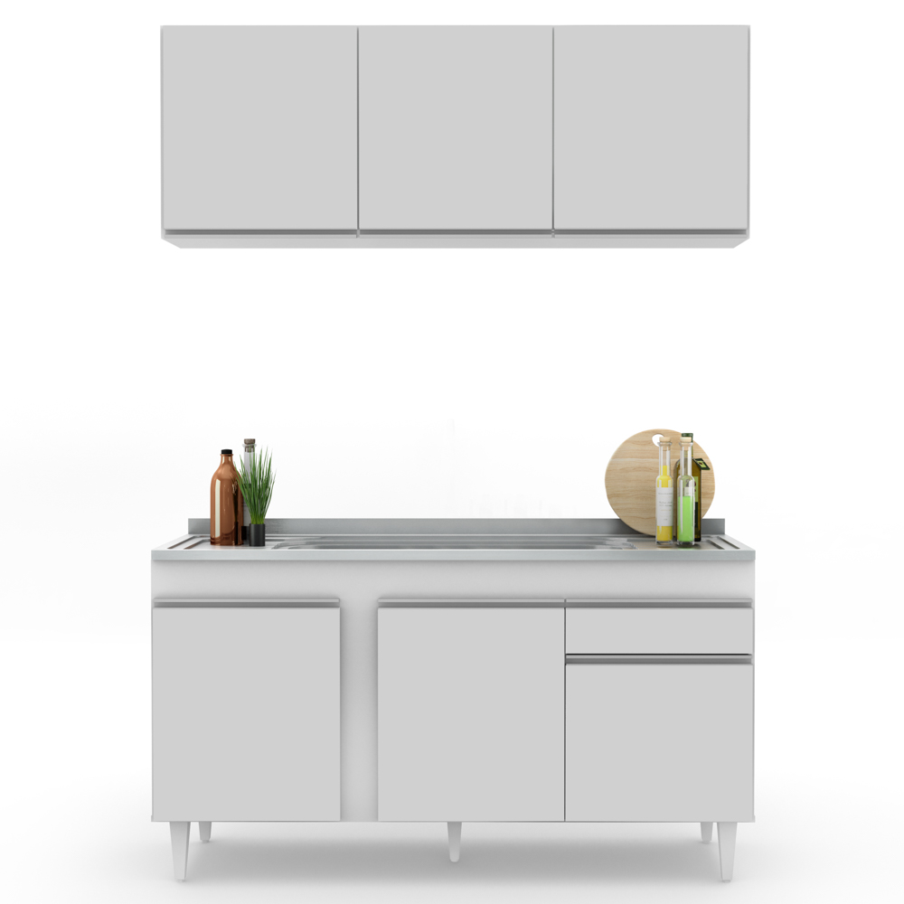 Armário Aéreo Argélia e Balcão Gabinete com Pia Inox 150cm Dakota Branco - Lumil