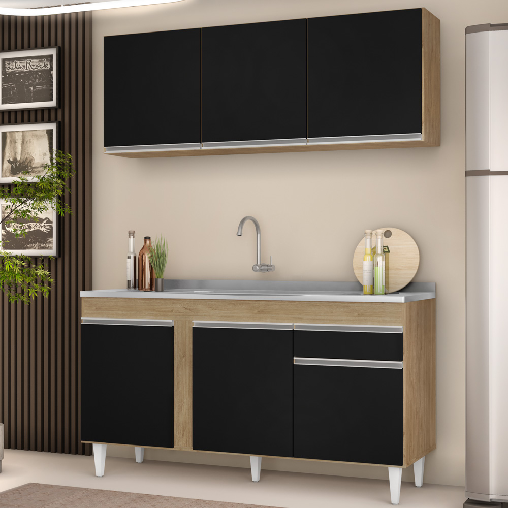 Armário Aéreo Argélia e Balcão Gabinete com Pia Inox 150cm Dakota Castanho/Preto - Lumil