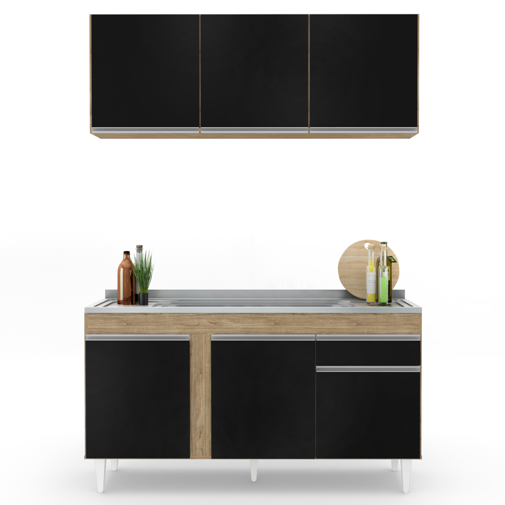 Armário Aéreo Argélia e Balcão Gabinete com Pia Inox 150cm Dakota Castanho/Preto - Lumil
