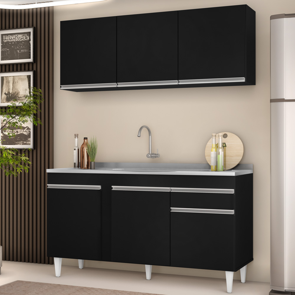 Armário Aéreo Argélia e Balcão Gabinete com Pia Inox 150cm Dakota Preto - Lumil