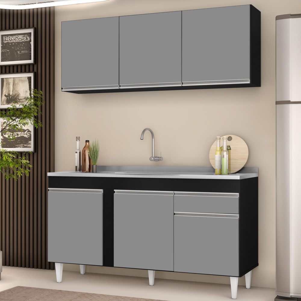 Armário Aéreo Argélia e Balcão Gabinete com Pia Inox 150cm Dakota Preto/Cinza - Lumil