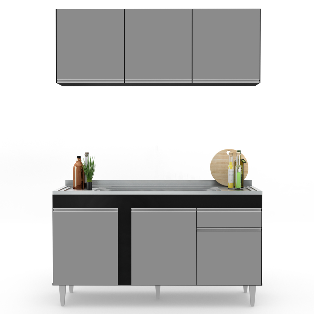 Armário Aéreo Argélia e Balcão Gabinete com Pia Inox 150cm Dakota Preto/Cinza - Lumil