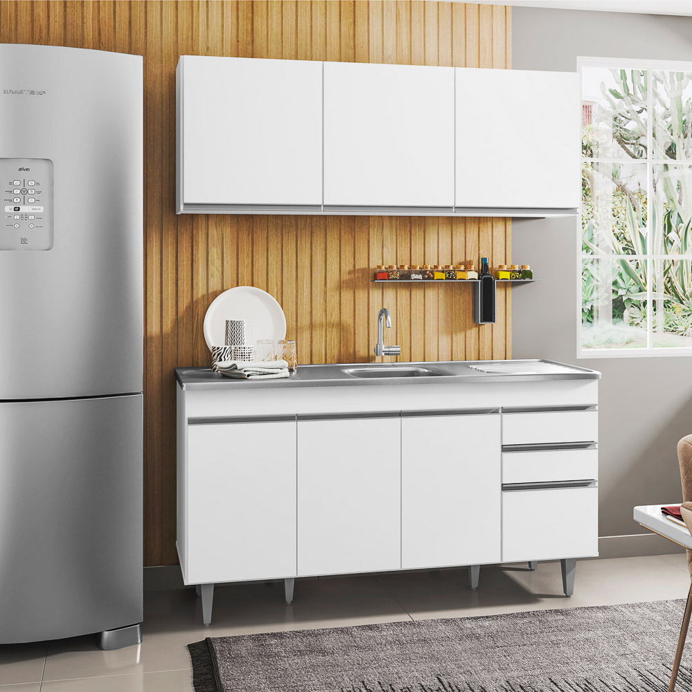 Armário Aéreo Argélia e Balcão Gabinete com Pia Inox Marrocos 150cm Branco - Lumil Móveis