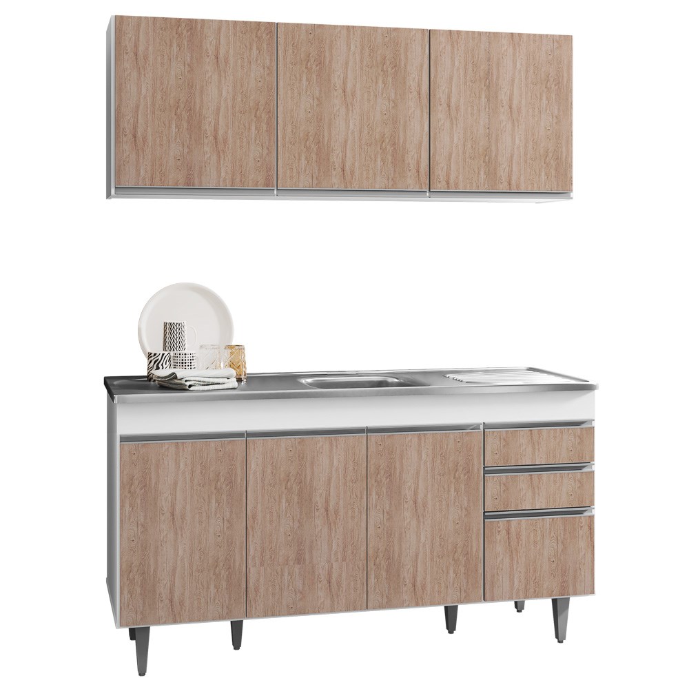 Armário Aéreo Argélia e Balcão Gabinete com Pia Inox Marrocos 150cm Branco/Castanho - Lumil