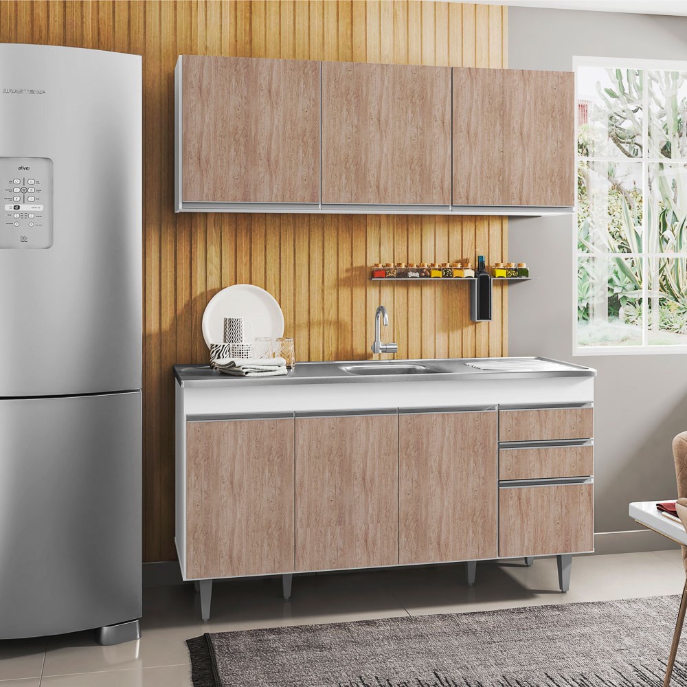Armário Aéreo Argélia e Balcão Gabinete com Pia Inox Marrocos 150cm Branco/Castanho - Lumil