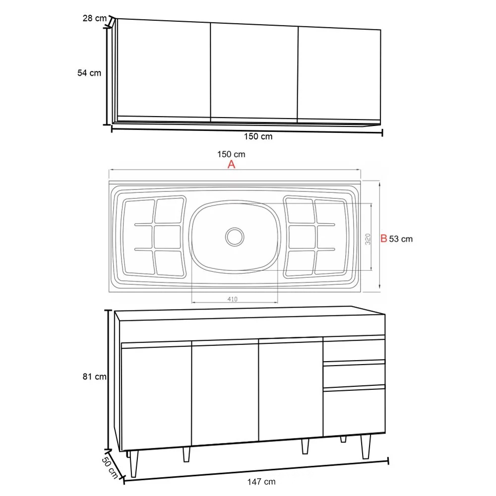 Armário Aéreo Argélia e Balcão Gabinete com Pia Inox Marrocos 150cm Branco/Castanho - Lumil