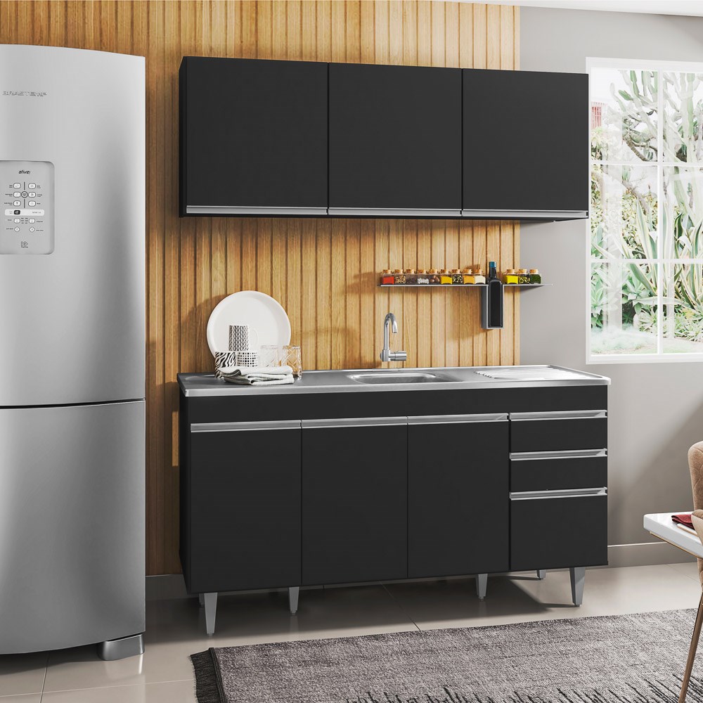 Armário Aéreo Argélia e Balcão Gabinete com Pia Inox Marrocos 150cm Preto - Lumil