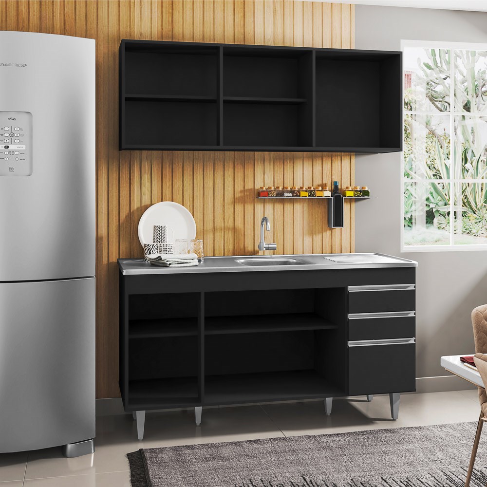 Armário Aéreo Argélia e Balcão Gabinete com Pia Inox Marrocos 150cm Preto - Lumil