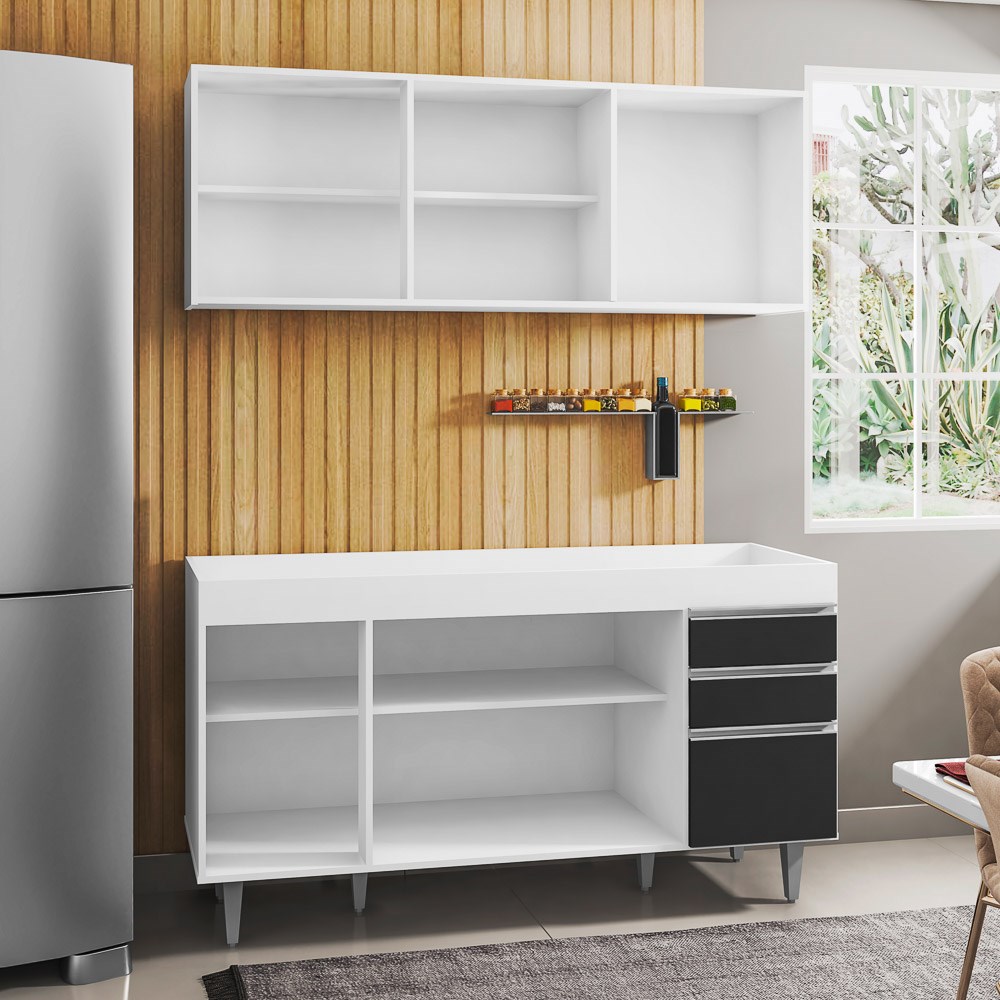 Armário Aéreo Argélia e Balcão Gabinete de Pia Marrocos 150cm Branco/Preto - Lumil