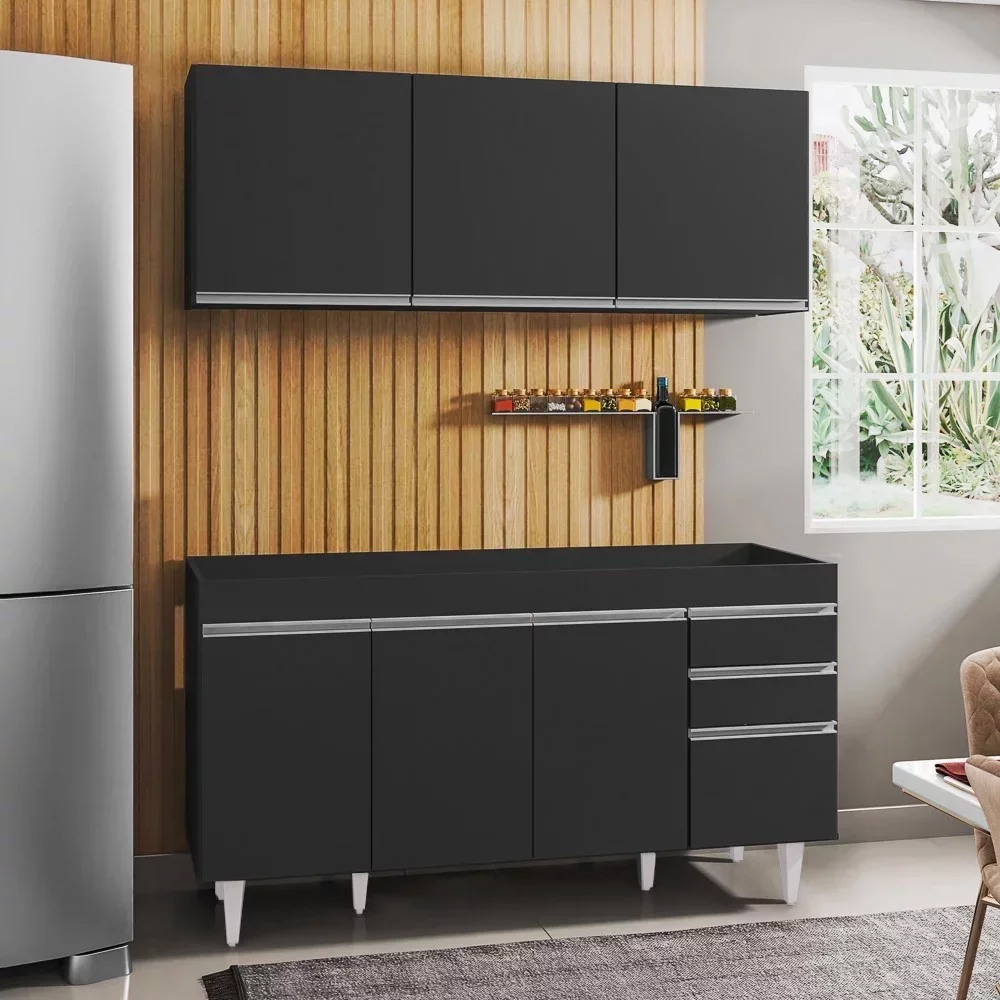 Armário Aéreo Argélia e Balcão Gabinete de Pia Marrocos 150cm Preto - Lumil