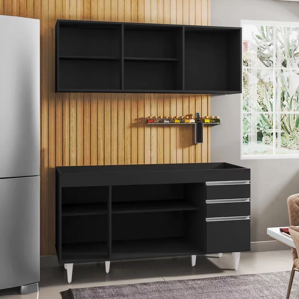 Armário Aéreo Argélia e Balcão Gabinete de Pia Marrocos 150cm Preto - Lumil