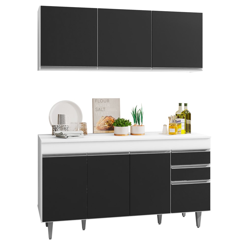 Armário Aéreo Argélia e Balcão Gabinete de Pia com Tampo Marrocos 150cm Branco/Preto - Lumil