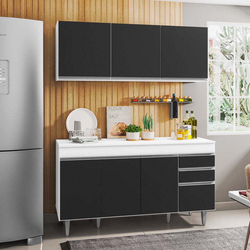 Armário Aéreo Argélia e Balcão Gabinete de Pia com Tampo Marrocos 150cm Branco/Preto - Lumil