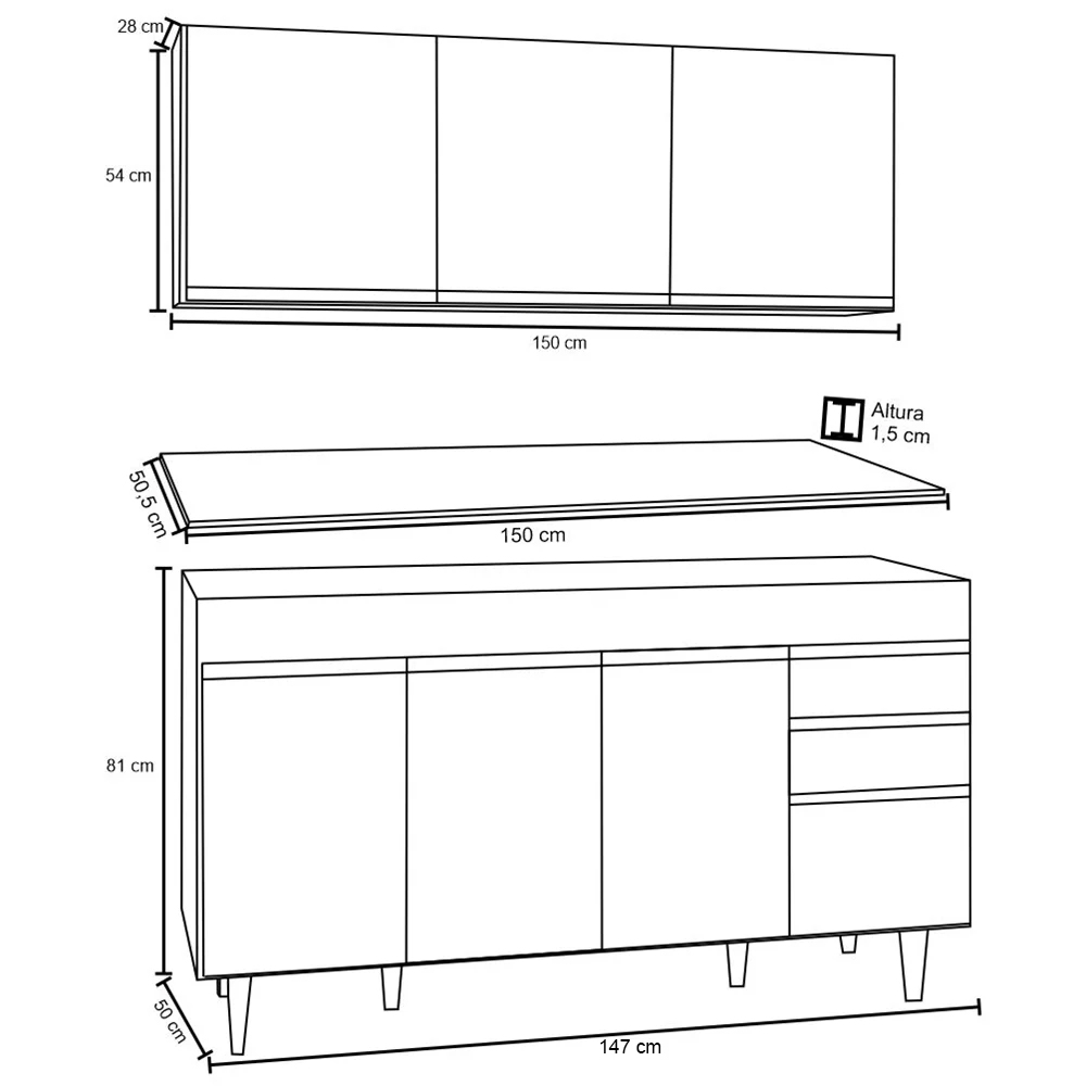 Armário Aéreo Argélia e Balcão Gabinete de Pia com Tampo Marrocos 150cm Branco/Preto - Lumil