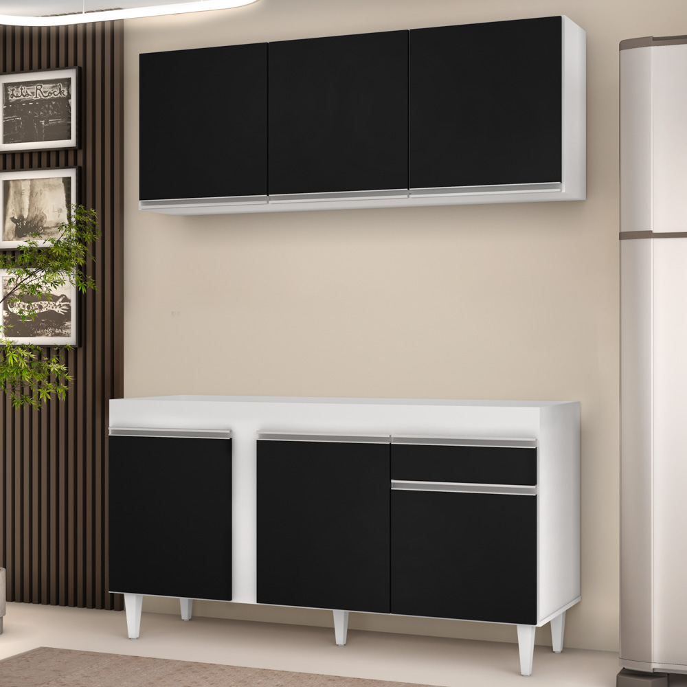 Armário Aéreo Argélia e Balcão Para Pia 150cm Dakota Branco/Preto - Lumil Móveis