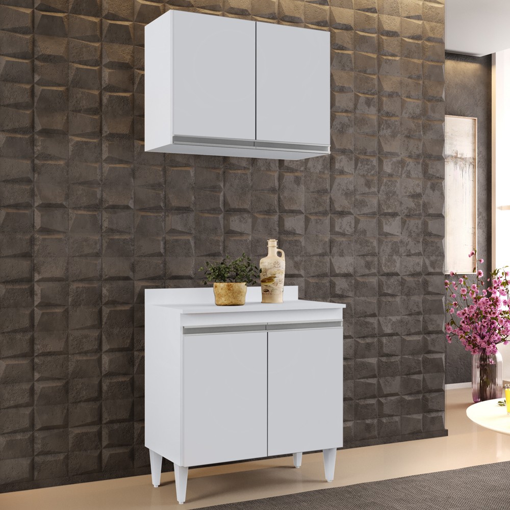 Armário Aéreo Califórnia e Balcão Hawai com Tampo 80cm Branco - Lumil