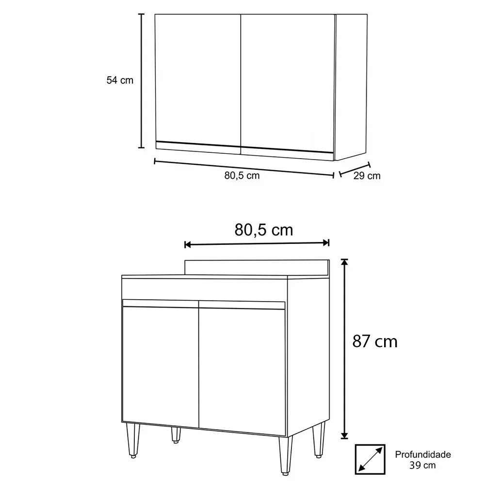 Armário Aéreo Califórnia e Balcão Hawai com Tampo 80cm Branco - Lumil