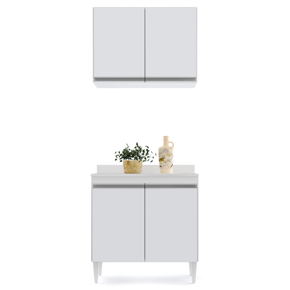 Armário Aéreo Califórnia e Balcão Hawai com Tampo 80cm Branco - Lumil