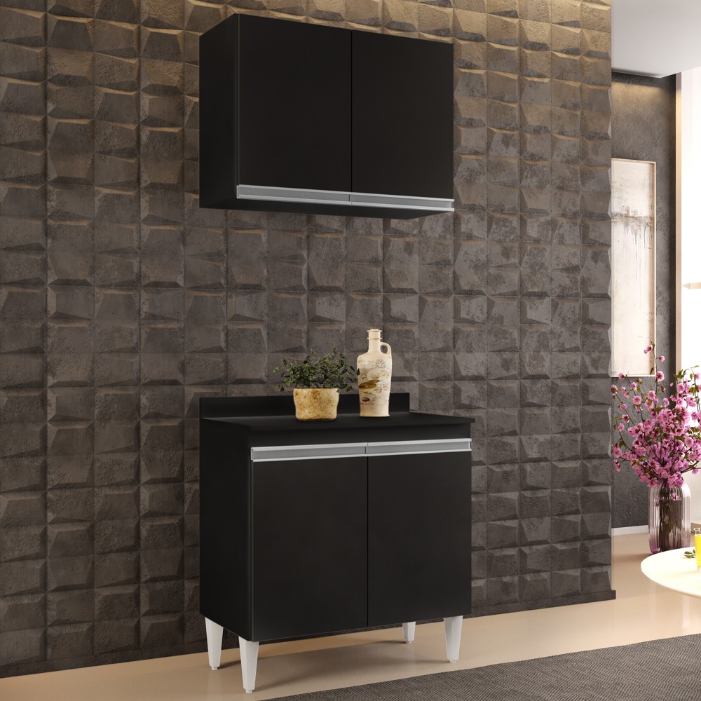Armário Aéreo Califórnia e Balcão Hawai com Tampo 80cm Preto - Lumil