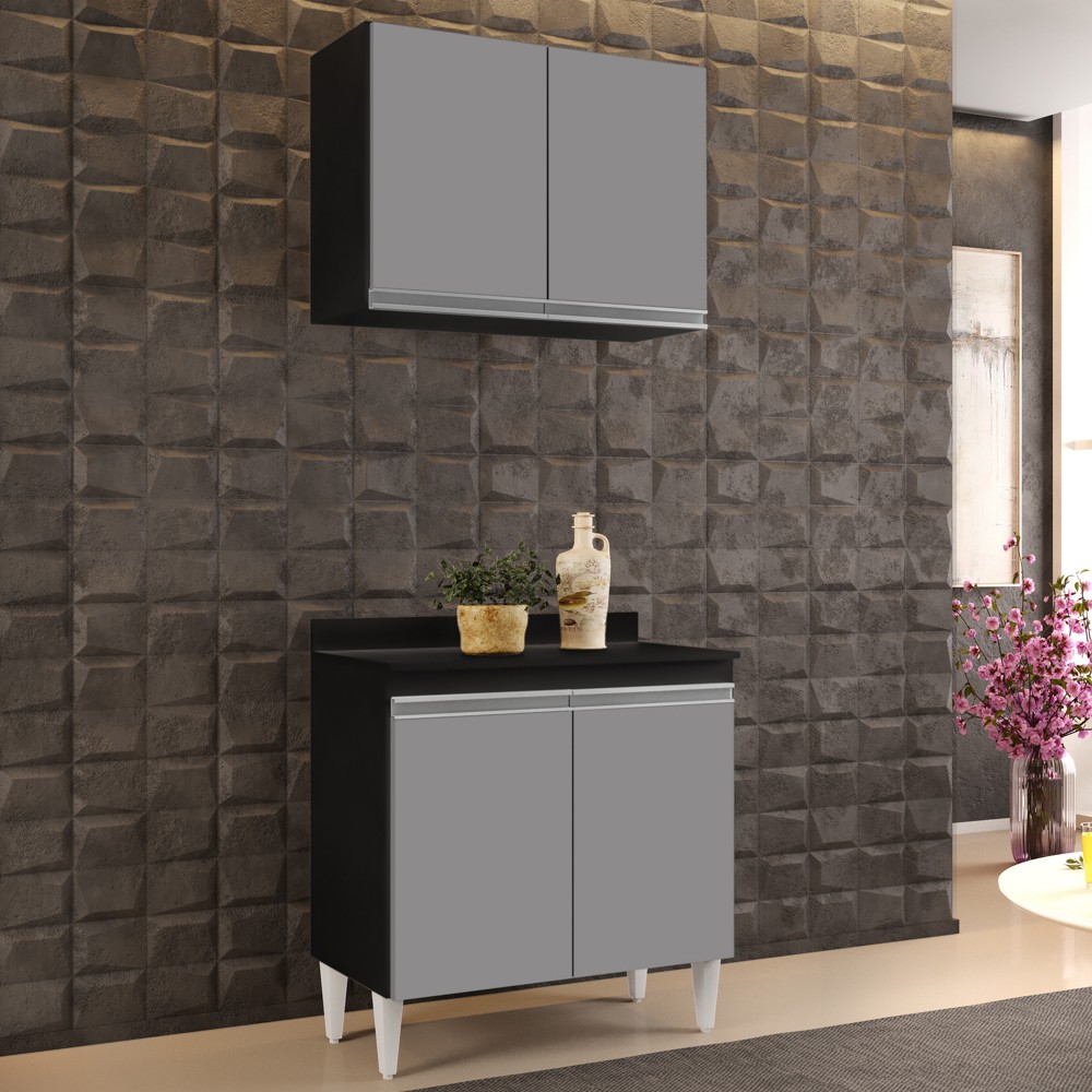 Armário Aéreo Califórnia e Balcão Hawai com Tampo 80cm Preto/Cinza - Lumil