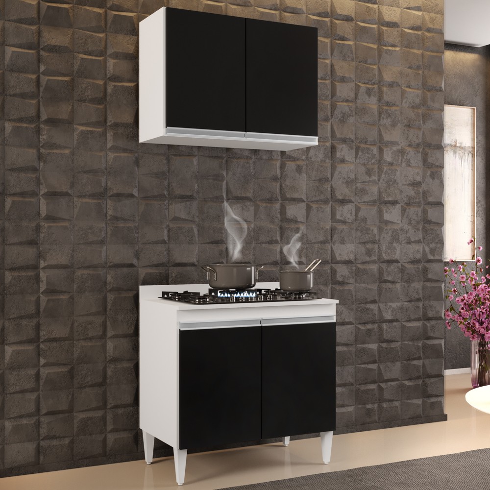 Armário Aéreo Califórnia e Balcão Para Cooktop Flórida Branco/Preto - Lumil Móveis