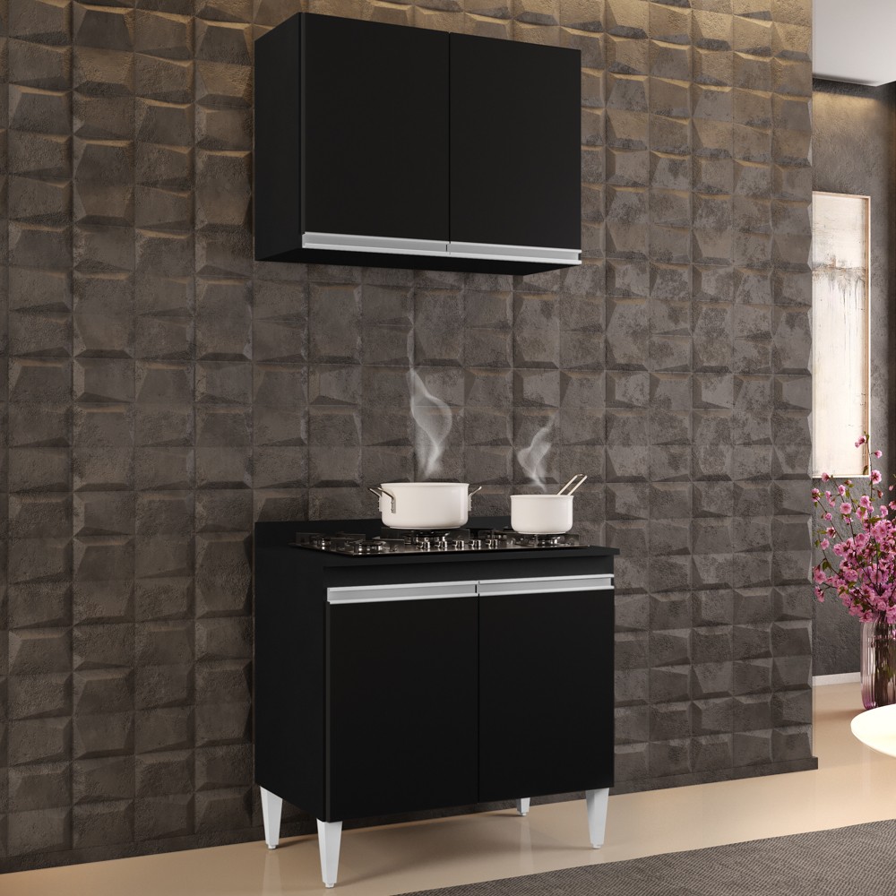 Armário Aéreo Califórnia e Balcão Para Cooktop Flórida Preto - Lumil Móveis