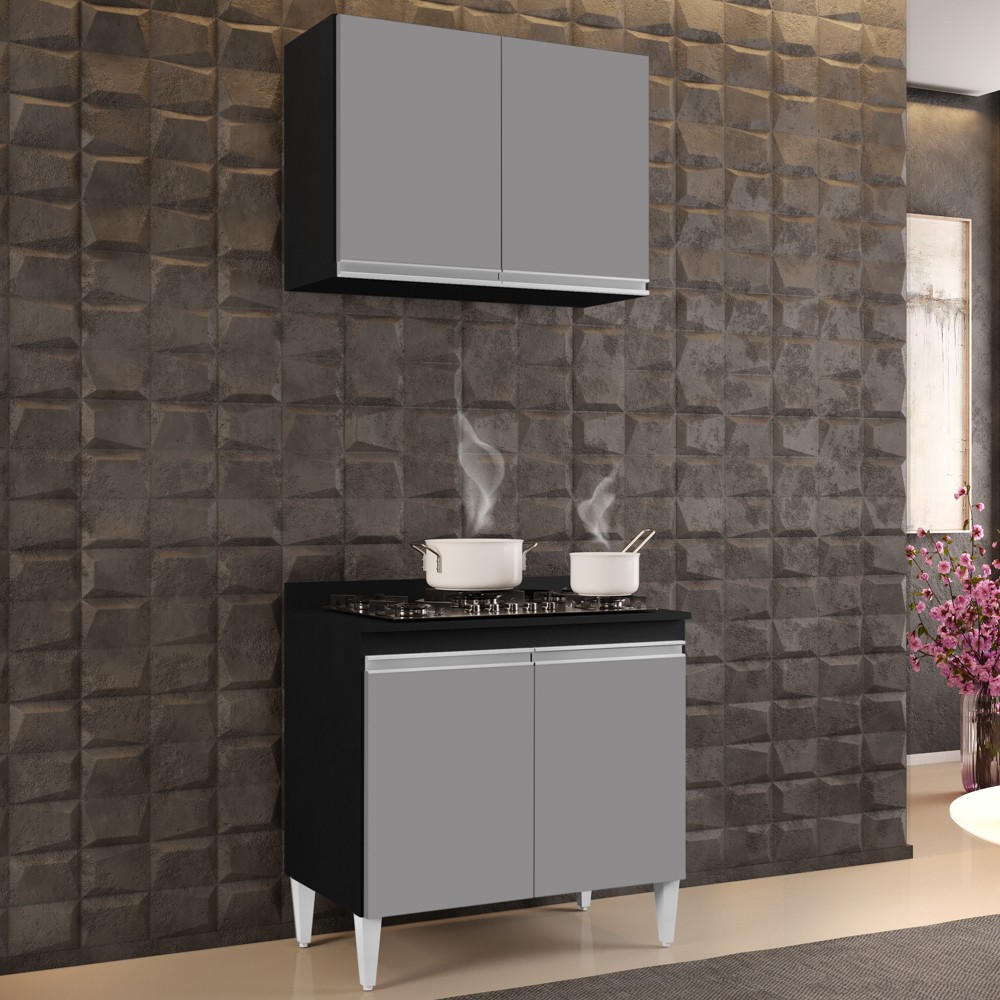 Armário Aéreo Califórnia e Balcão Para Cooktop Flórida Preto/Cinza - Lumil Móveis