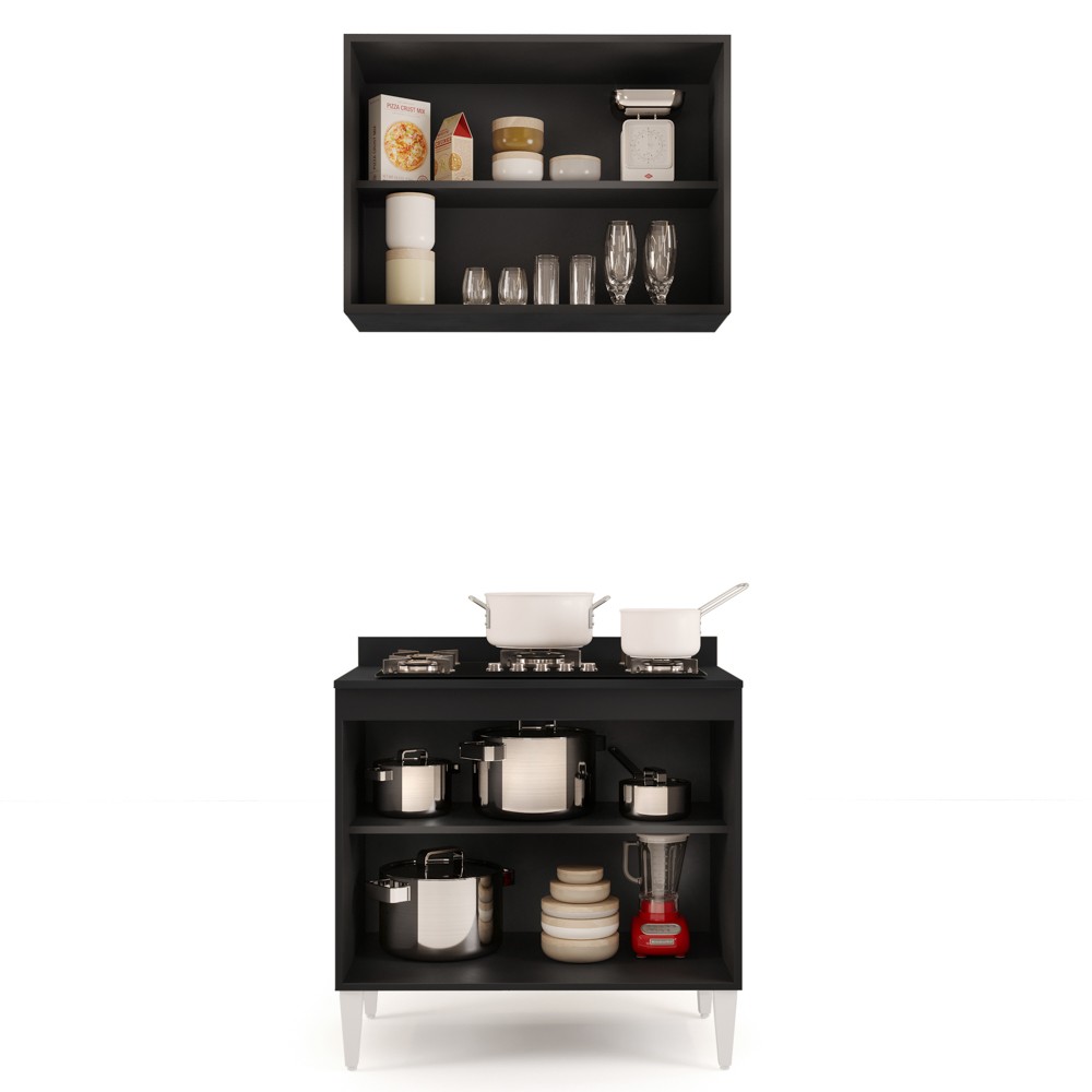Armário Aéreo Califórnia e Balcão Para Cooktop Flórida Preto/Cinza - Lumil Móveis