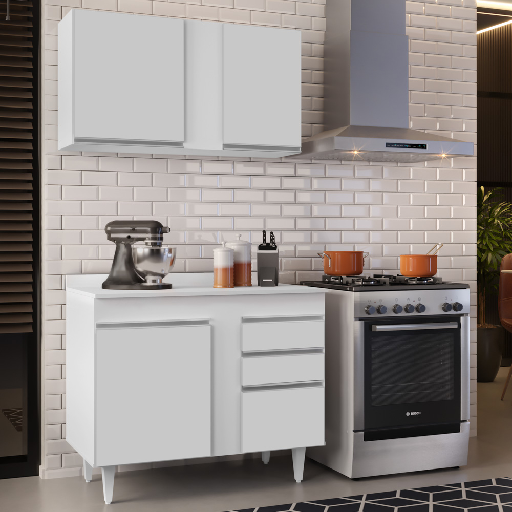 Armário Aéreo Indiana e Balcão Gabinete 100cm Luziania Branco - Lumil Móveis