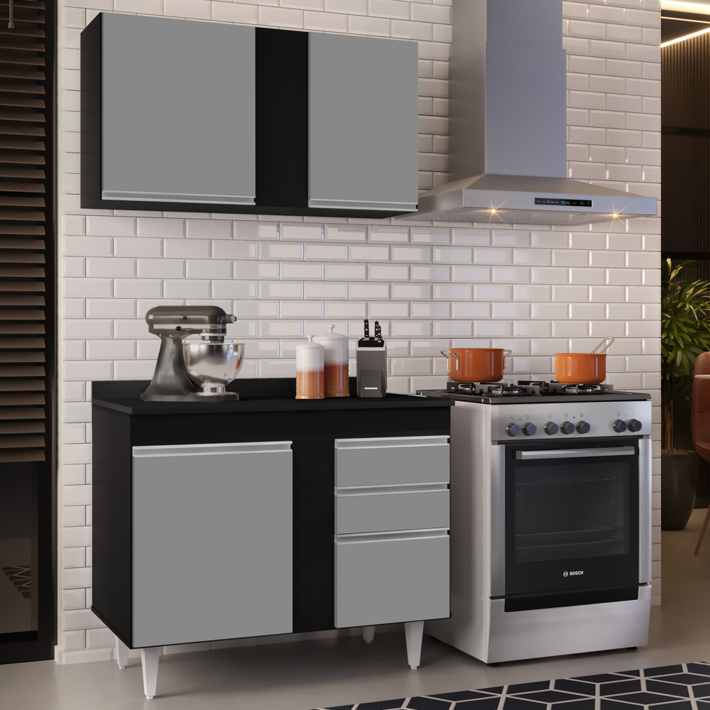 Armário Aéreo Indiana e Balcão Gabinete 100cm Luziania Preto/Cinza - Lumil Móveis