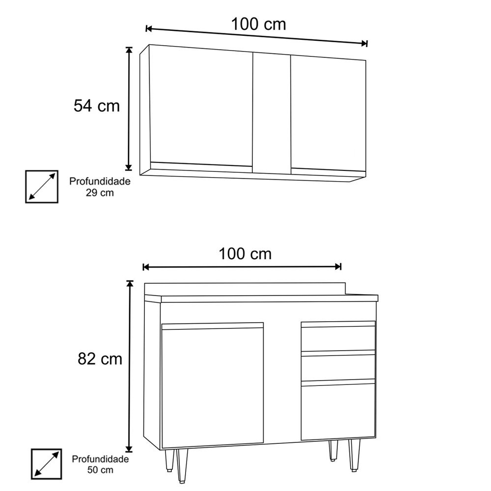 Armário Aéreo Indiana e Balcão Gabinete 100cm Luziania Preto/Cinza - Lumil Móveis