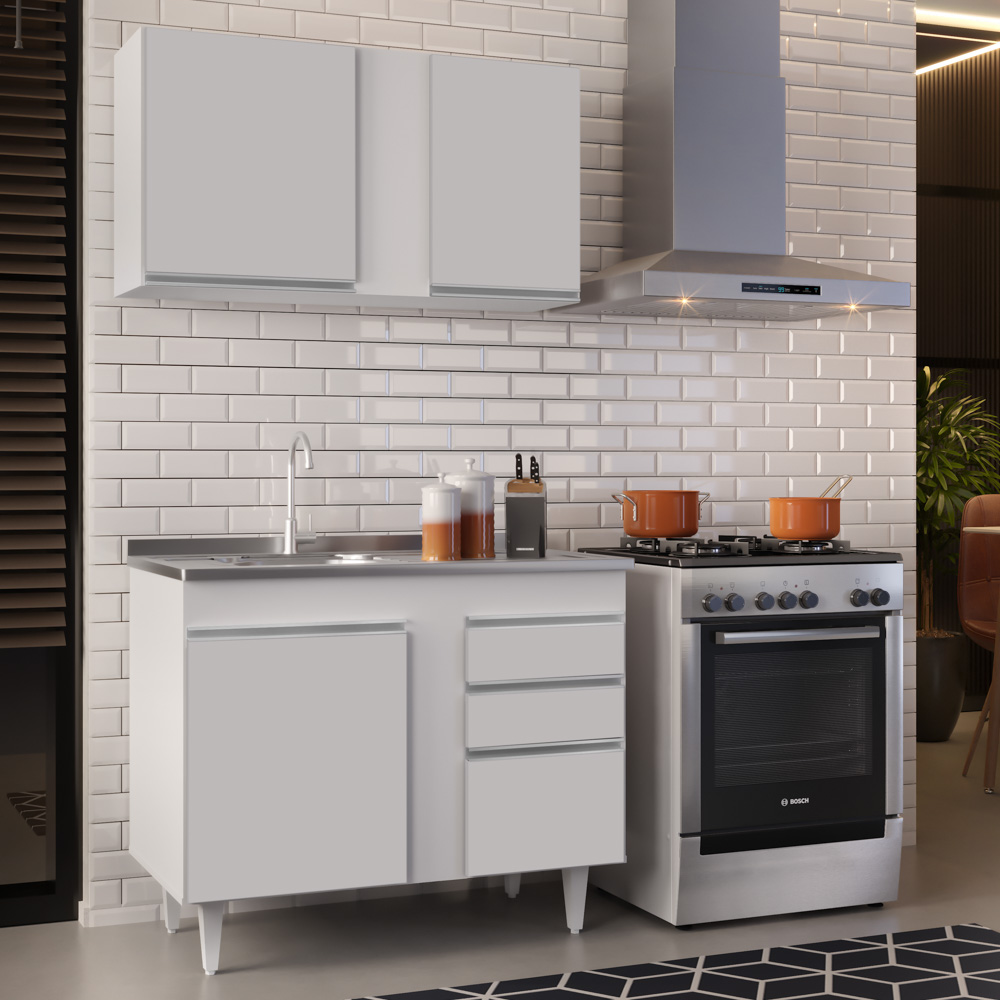 Armário Aéreo Indiana e Balcão Gabinete 100cm com Pia Inox Luziania Branco - Lumil
