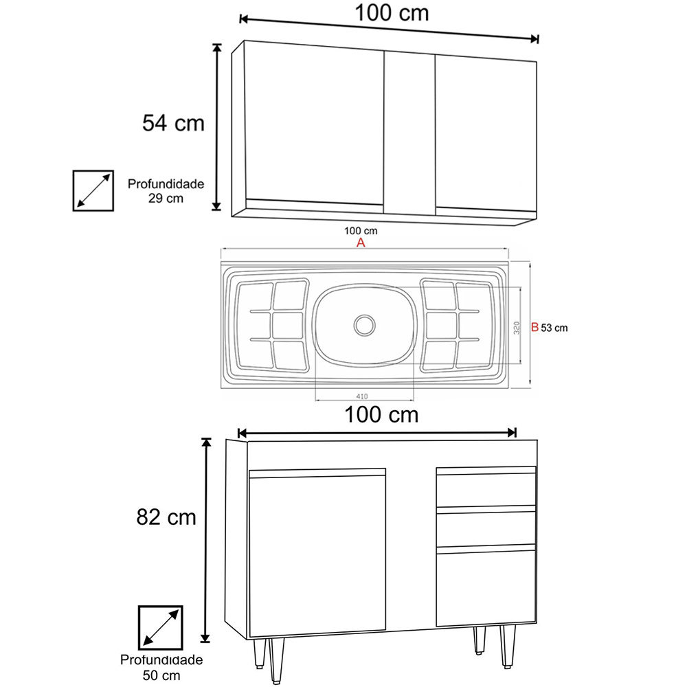 Armário Aéreo Indiana e Balcão Gabinete 100cm com Pia Inox Luziania Branco - Lumil