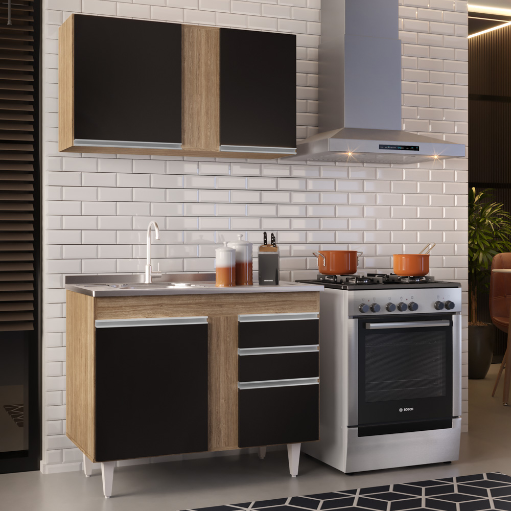 Armário Aéreo Indiana e Balcão Gabinete 100cm com Pia Inox Luziania Castanho/Preto - Lumil