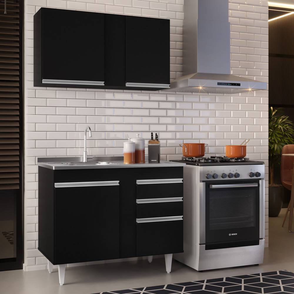 Armário Aéreo Indiana e Balcão Gabinete 100cm com Pia Inox Luziania Preto - Lumil