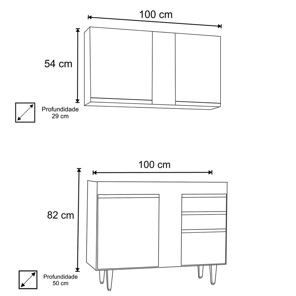 Armário Aéreo Indiana e Balcão Para Pia 100cm Luziania Preto/Cinza - Lumil Móveis