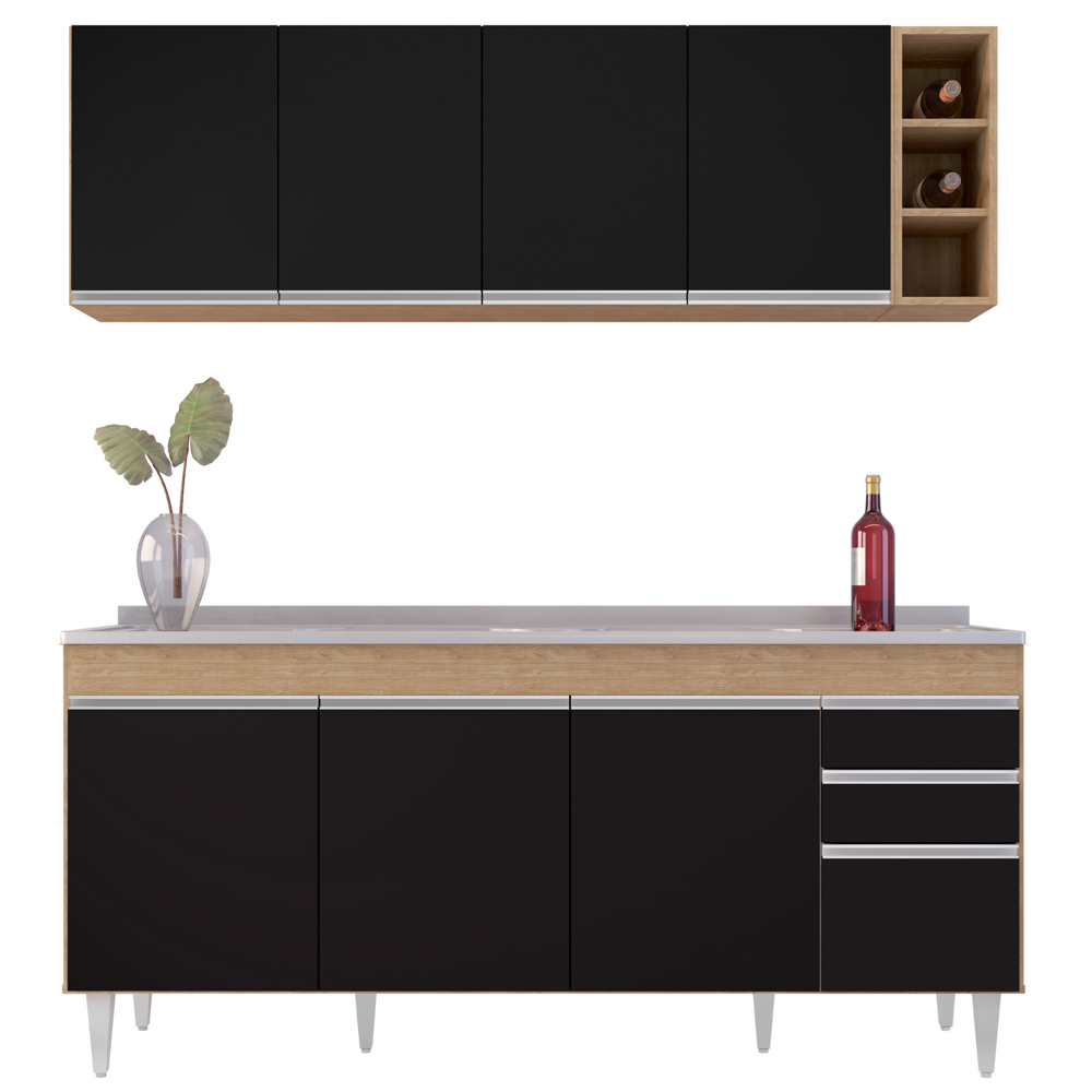 Armário Aéreo Nevada e Balcão Gabinete 180cm Com Pia Dallas Castanho/Preto - Lumil