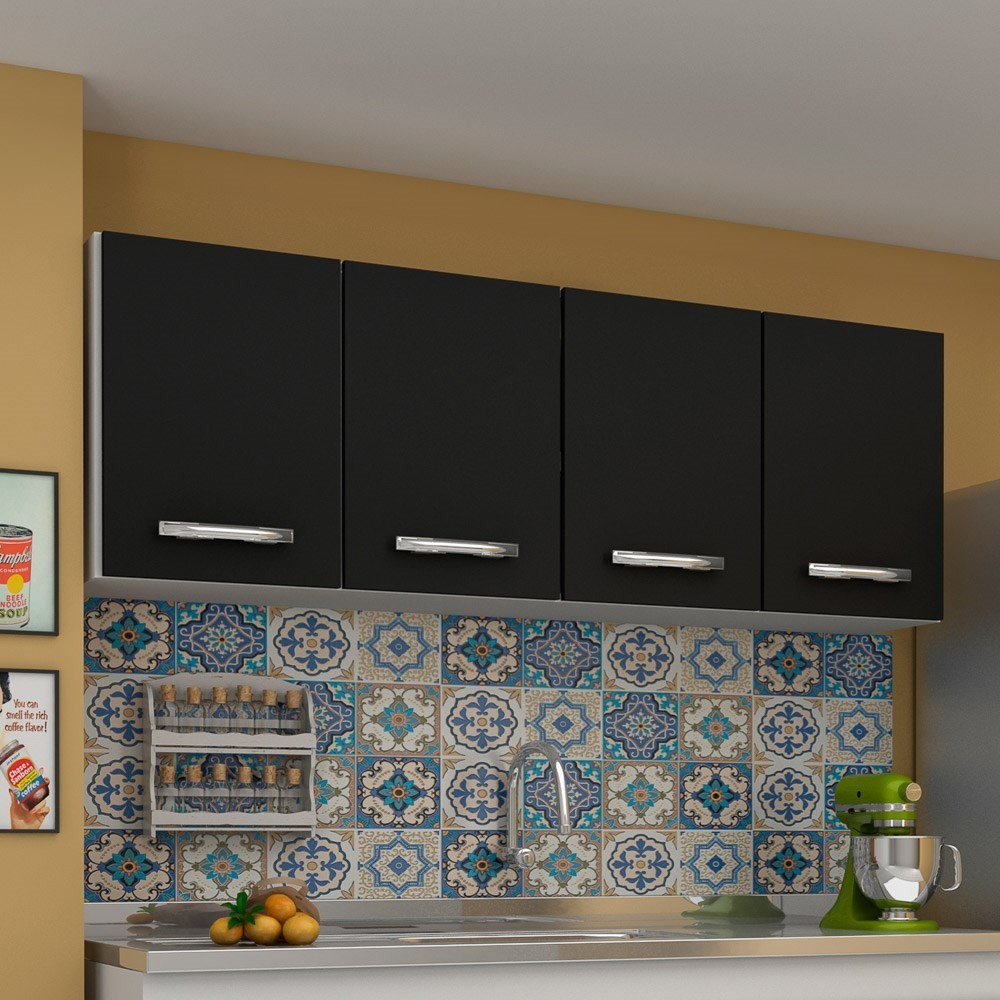 Armário Aéreo Panamá 04 Portas 160cm Branco/Preto - Lumil Móveis