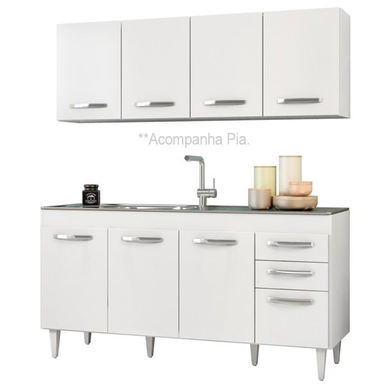 Armário Aéreo Panamá e Balcão Gabinete Pia Inox Áustria 160cm Branco - Lumil Móveis
