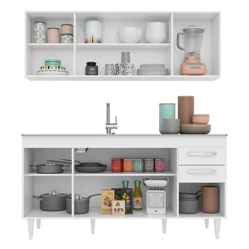 Armário Aéreo Panamá e Balcão Gabinete Pia Inox Áustria 160cm Branco - Lumil Móveis