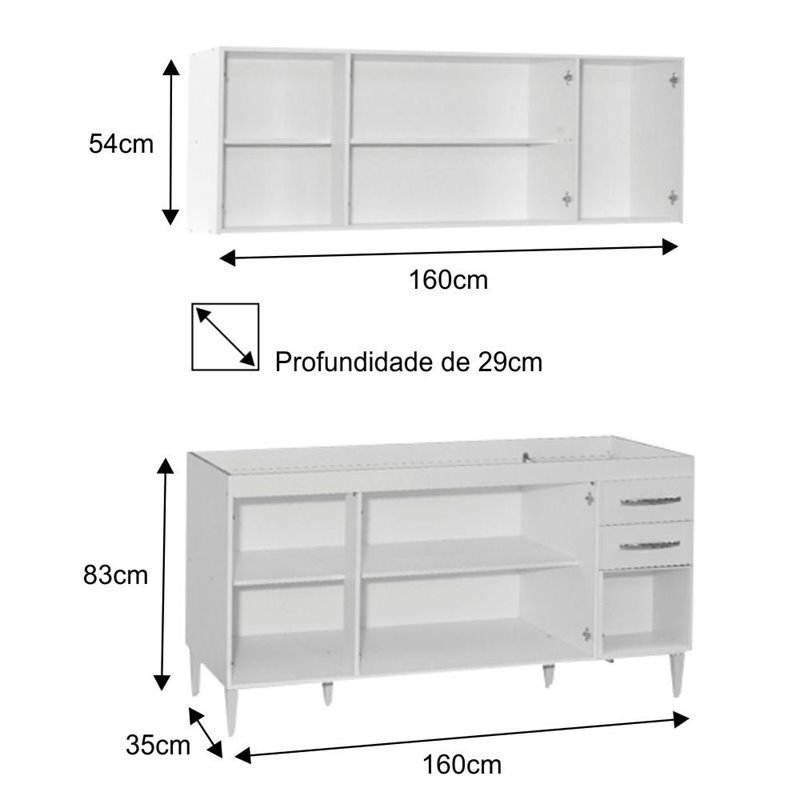 Armário Aéreo Panamá e Balcão Gabinete Pia Inox Áustria 160cm Branco - Lumil Móveis