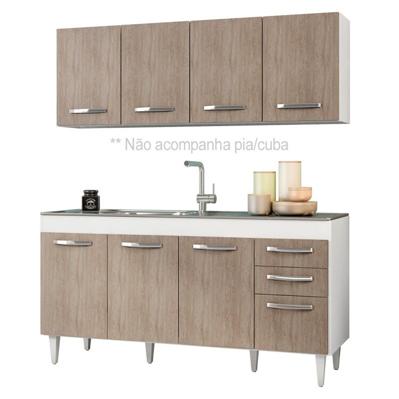 Armário Aéreo Panamá e Balcão Gabinete de Pia Áustria 160cm Branco/Castanho - Lumil Móveis