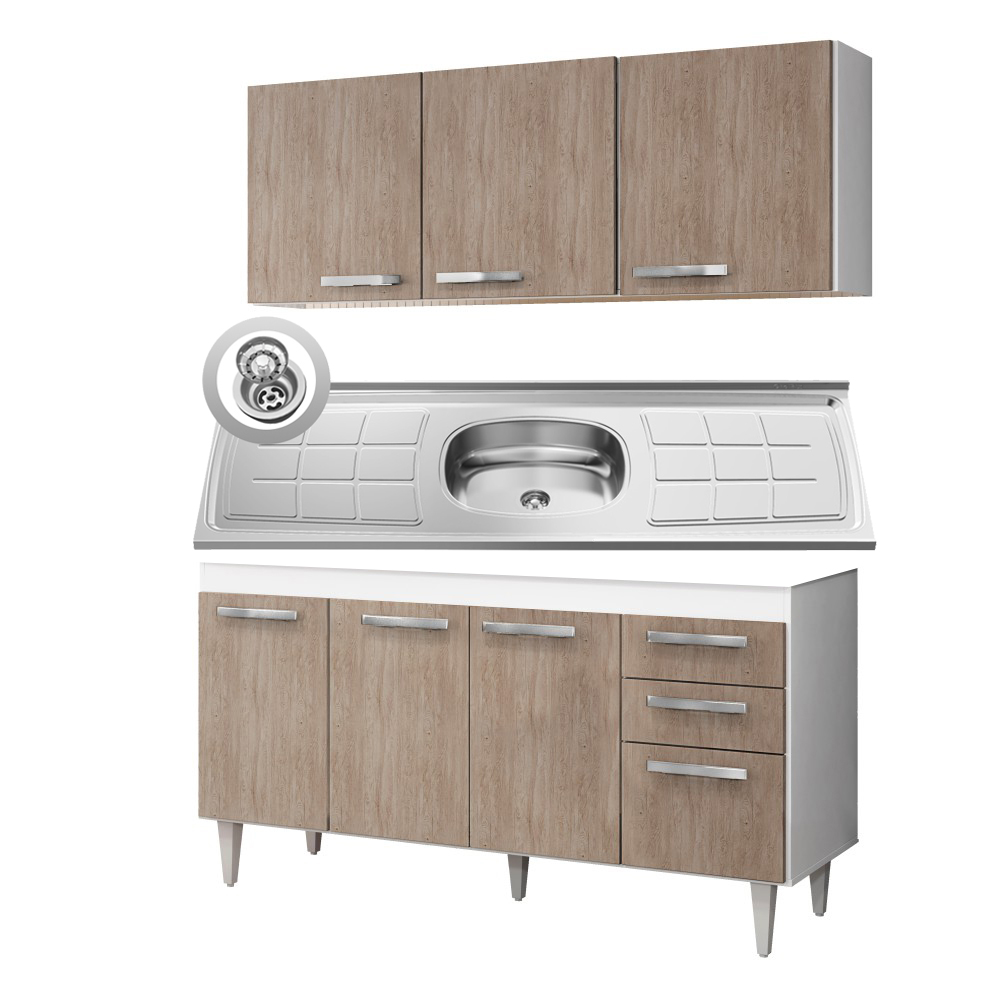 Armário Aéreo Parma e Balcão Gabinete Pia Inox Lisboa 150cm Branco/Castanho - Lumil Móveis