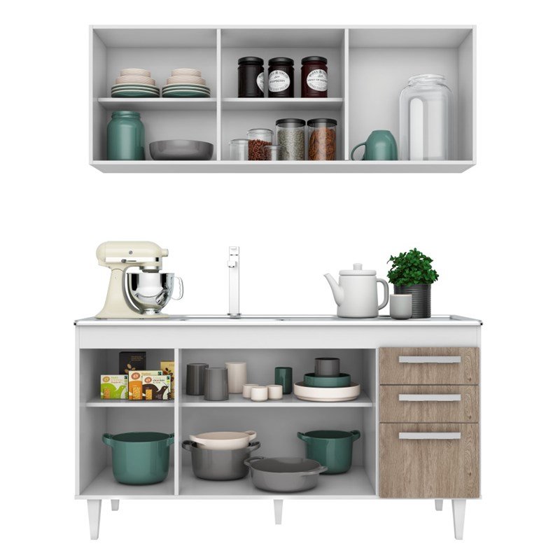 Armário Aéreo Parma e Balcão Gabinete Pia Inox Lisboa 150cm Branco/Castanho - Lumil Móveis