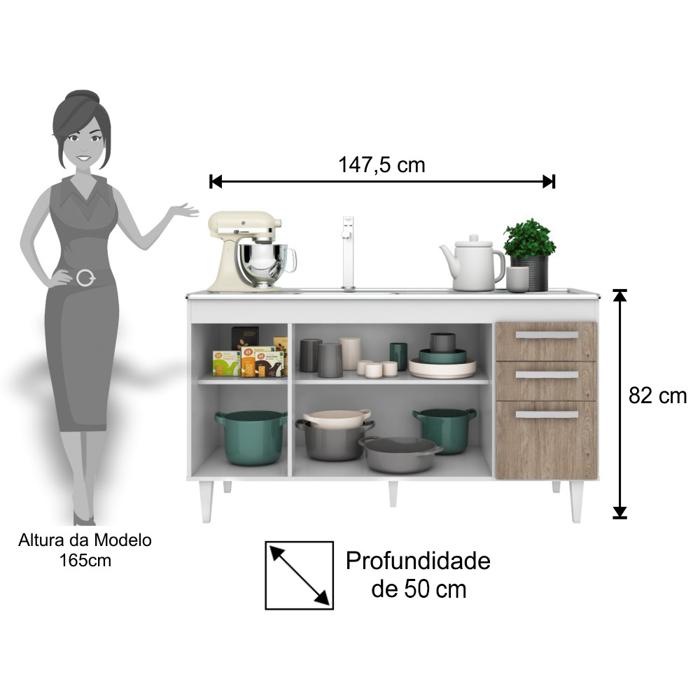 Armário Aéreo Parma e Balcão Gabinete Pia Inox Lisboa 150cm Branco/Castanho - Lumil Móveis