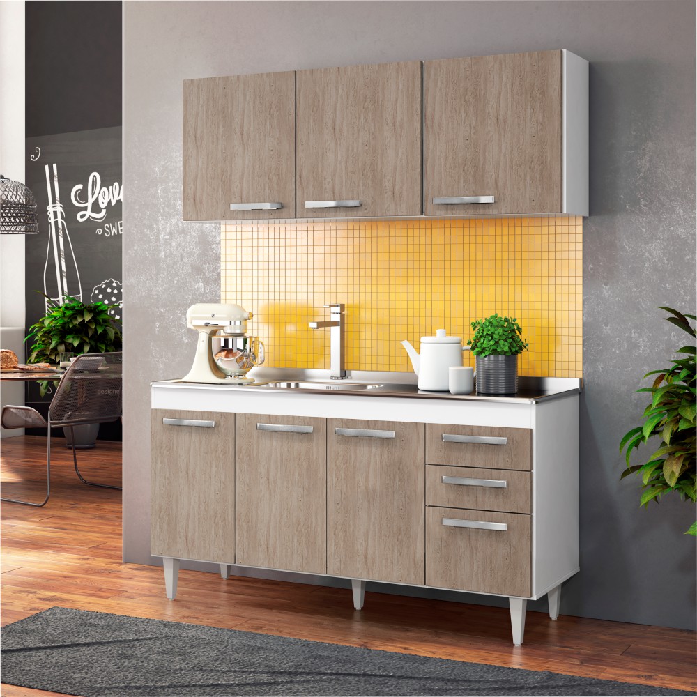 Armário Aéreo Parma e Balcão Gabinete Pia Inox Lisboa 150cm Branco/Castanho - Lumil Móveis
